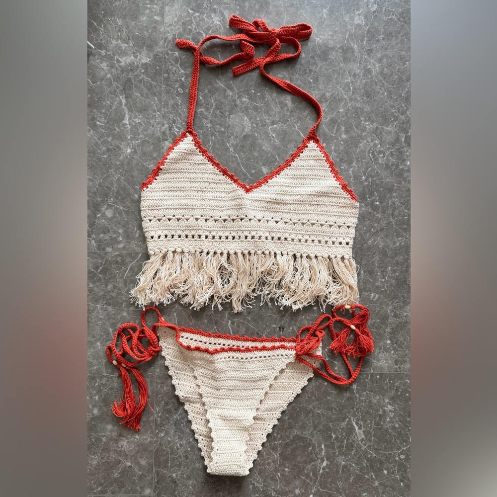 Crochet Fringe Bikini Set in Cream and Red